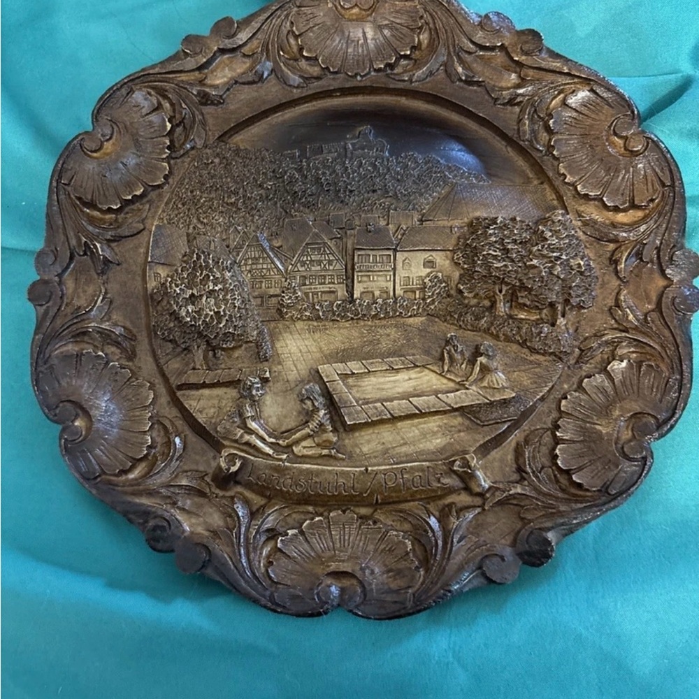 Vintage Collectible Carved 3-D Wood Hanging Landstuhl Germany Plate 9”